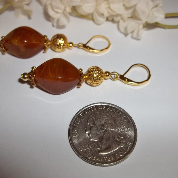 Brown Beaded Earring Set Handmade NWT Jewelry Dangle Drop Gold Toned Pair 4136 - Picture 5 of 7